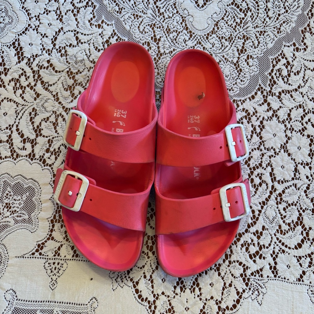 pink rubber birkenstocks size 37